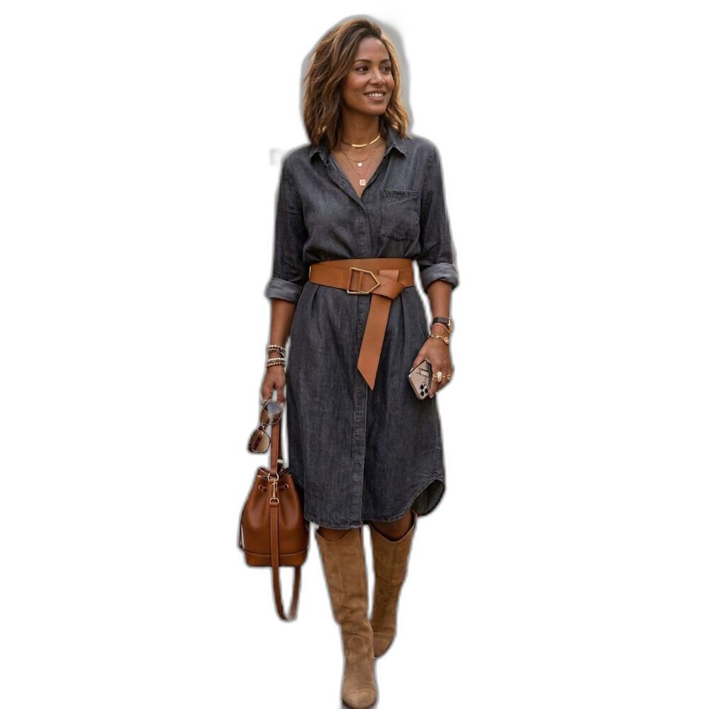 Boho Westen Core Black Grey Denim Shirt Dress Long Sleeve Button Down Midi Dress - Picture 3 of 8
